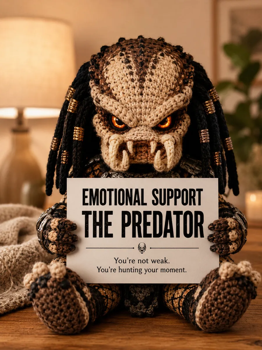 Emotional Support Predator crochet doll sitting on a cosy knitted blanket