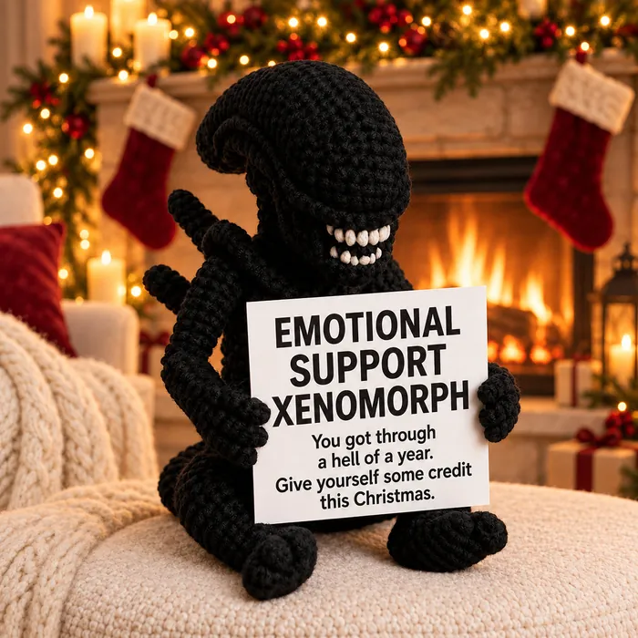 Christmas edition Xenomorph crochet doll beside a fireplace
