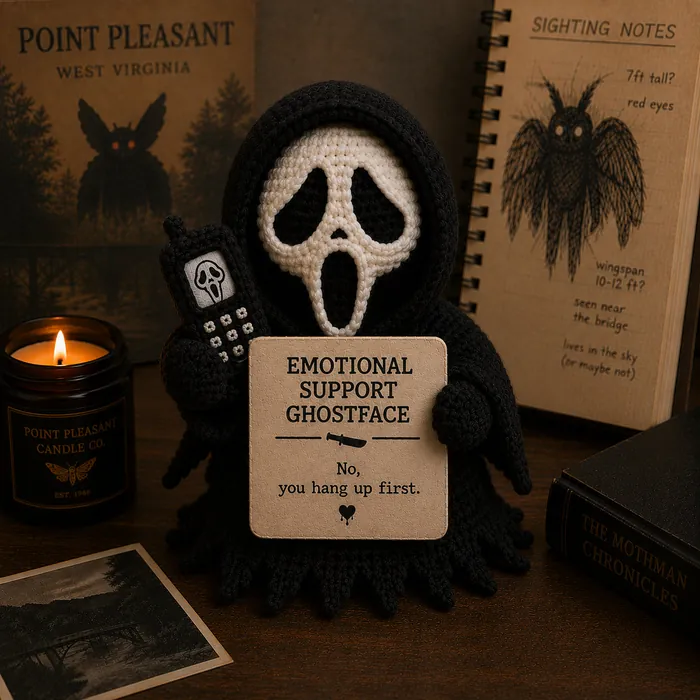 Ghostface crochet doll holding its emotional support sign by candlelight