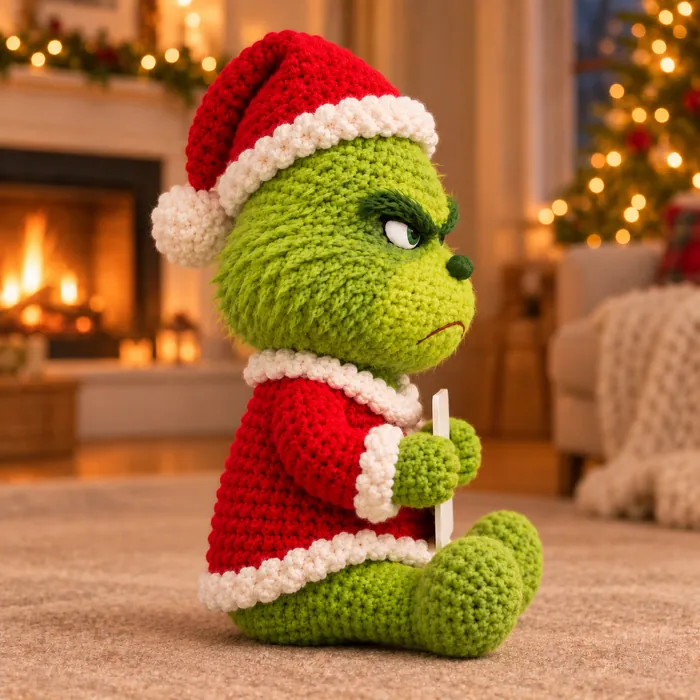 Grinch crochet doll in a Santa outfit by the fireplace