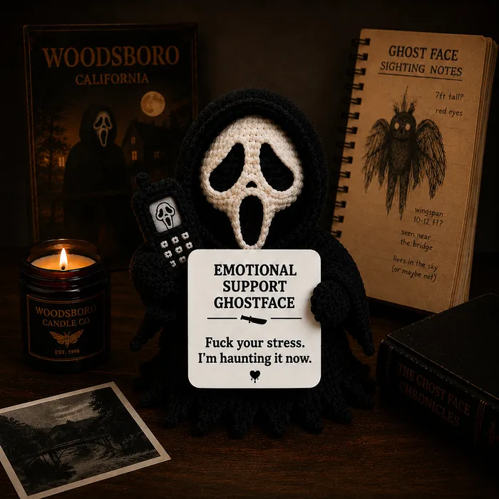Ghostface crochet doll on a dark desk with candles