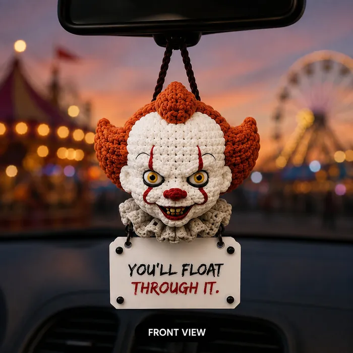 Pennywise crochet car hanging on a rear-view mirror