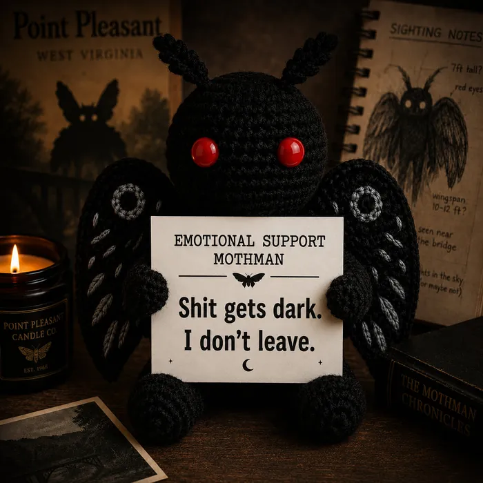 Mothman crochet doll with glowing red eyes