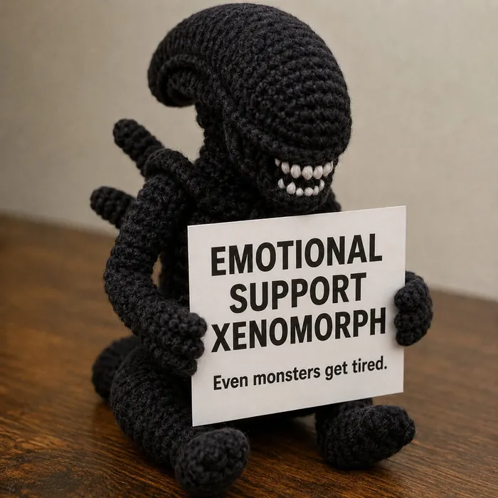 Xenomorph crochet doll holding its quote card