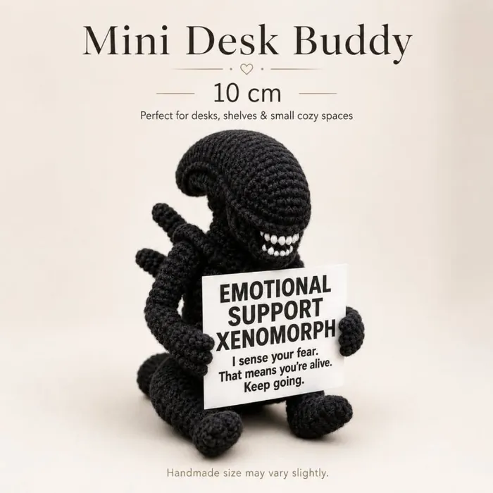 A small black crochet Xenomorph holding an emotional support sign