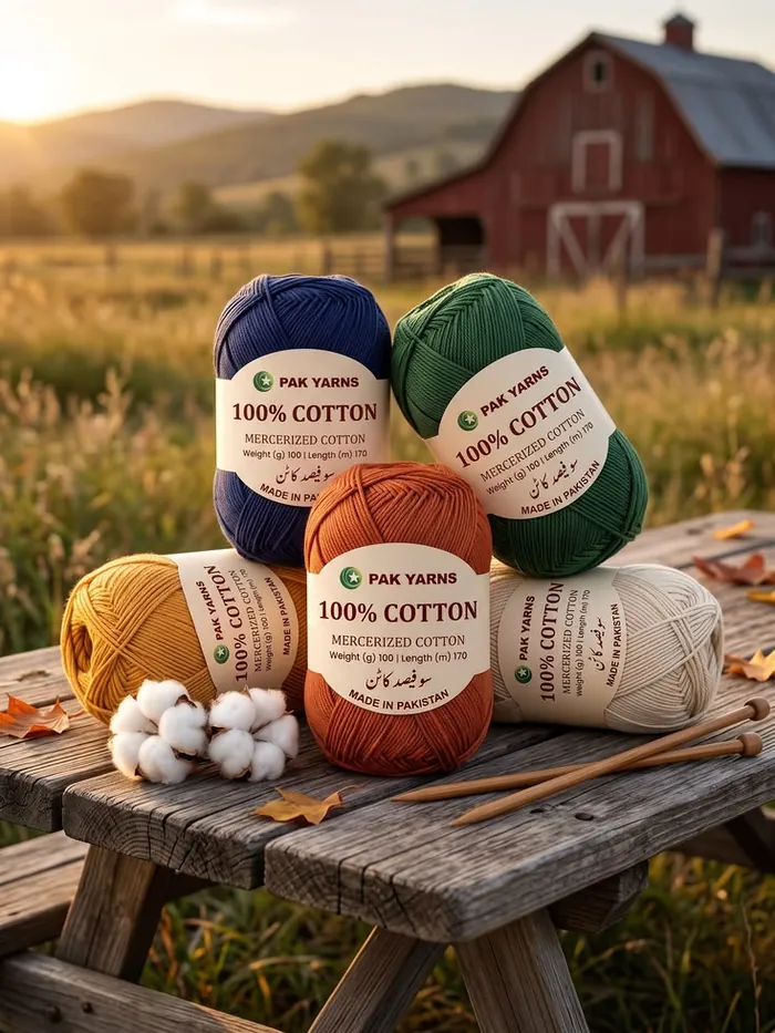 Skeins of 100% cotton yarn on a wooden table