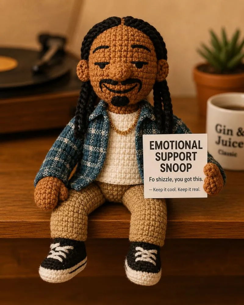A crochet companion sitting on a wooden shelf next to a record player, holding its emotional support sign