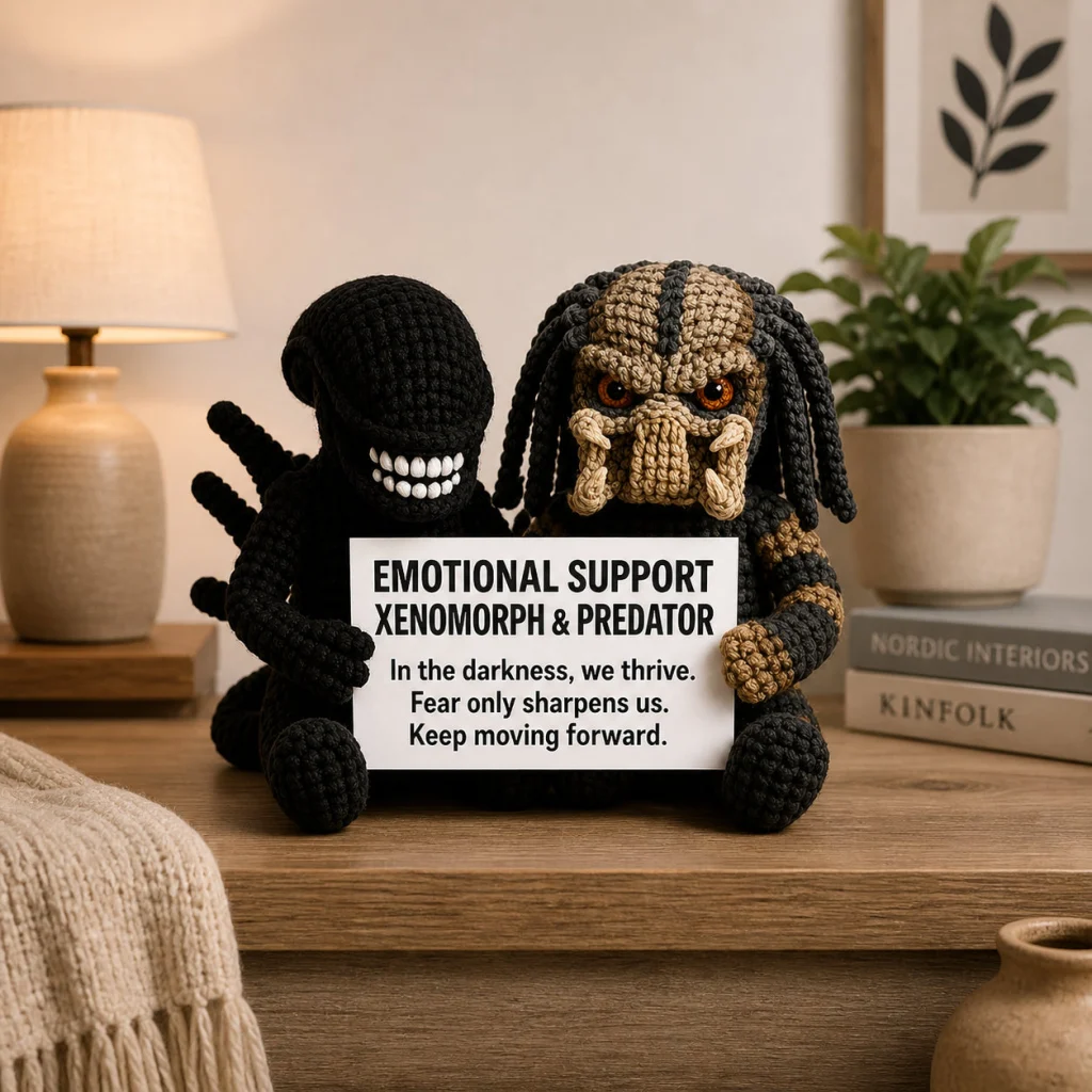 Emotional Support Xenomorph & Predator – Handmade Crochet Duo