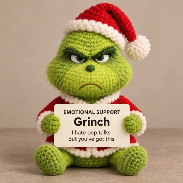 Emotional Support Grinch – Handmade Crochet Doll 3