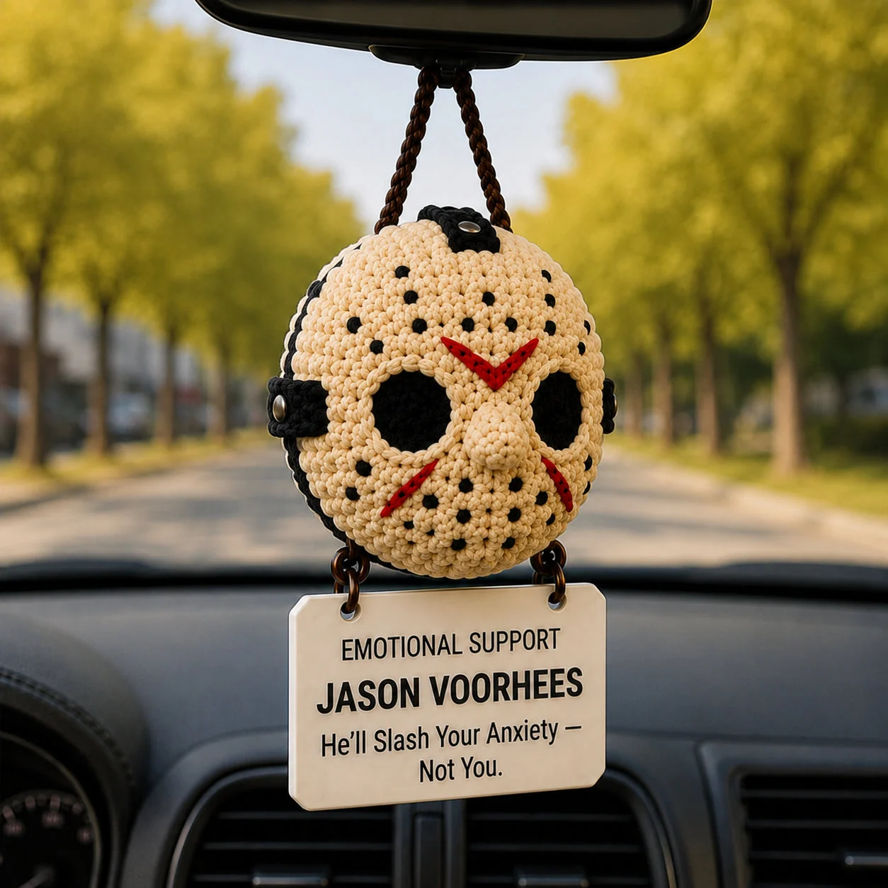 Emotional Support Jason Voorhees – Crochet Car Hanging – view 3